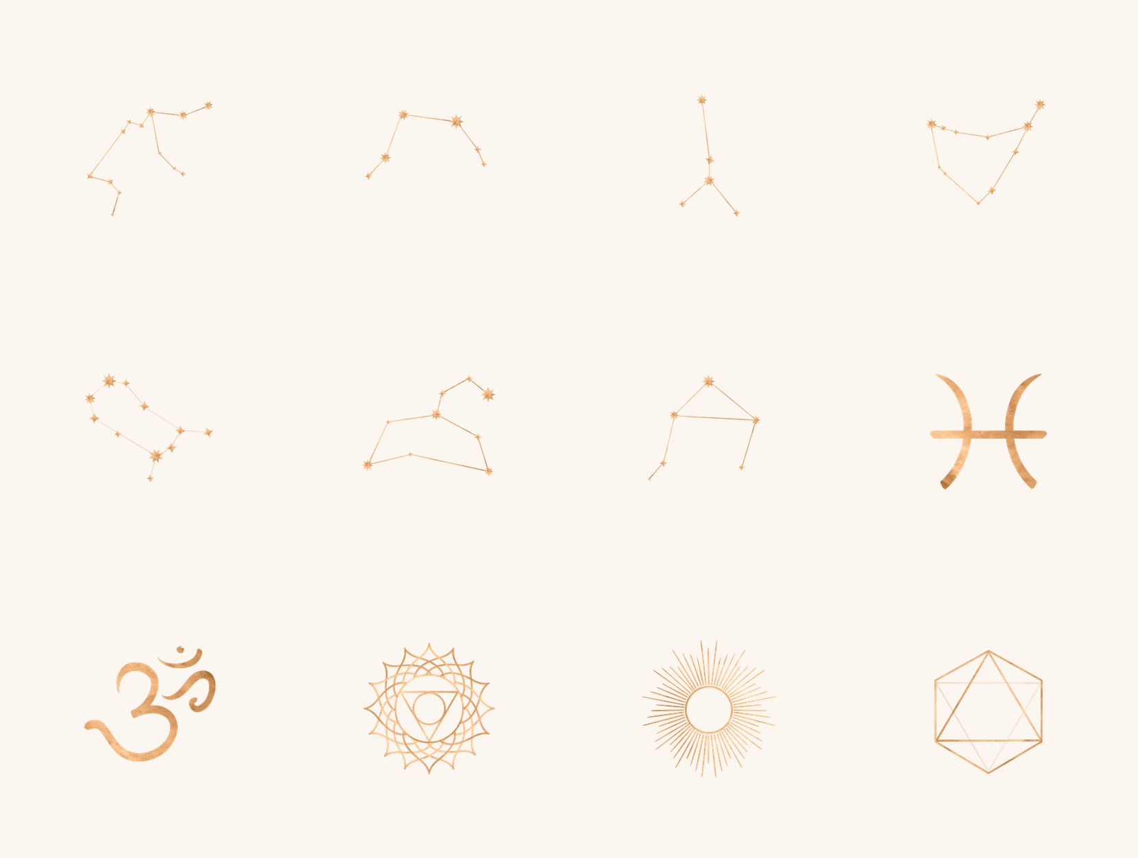 Twelve of the hand drawn pieces: gold constellations, the Pisces glyph, the Om, a chakra mandala, a sunburst and a piece of sacred geometry