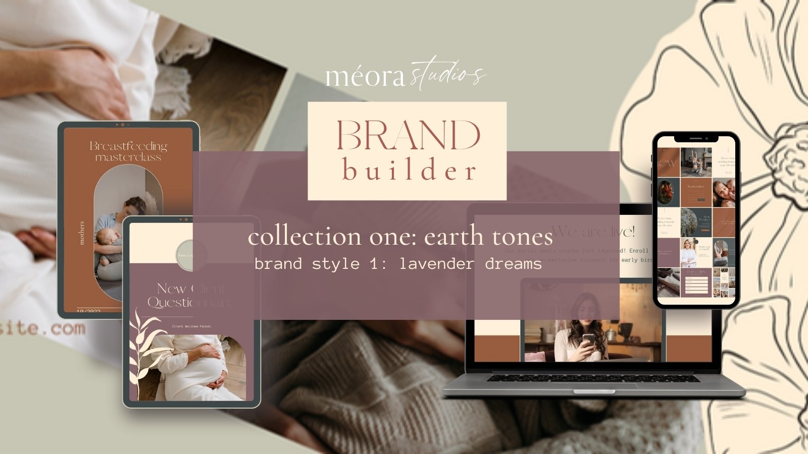 The Lavender Dreams cover, with the kit laid out across a laptop, a tablet and a phone in dusty mauve and terracotta
