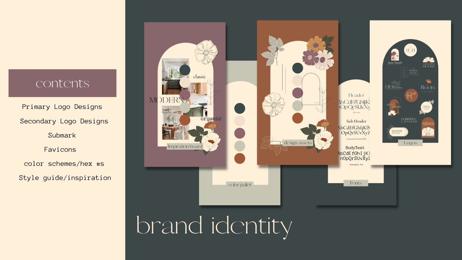 The brand identity pages: an inspiration board, the color palette, the fonts, and a sheet of finished logos