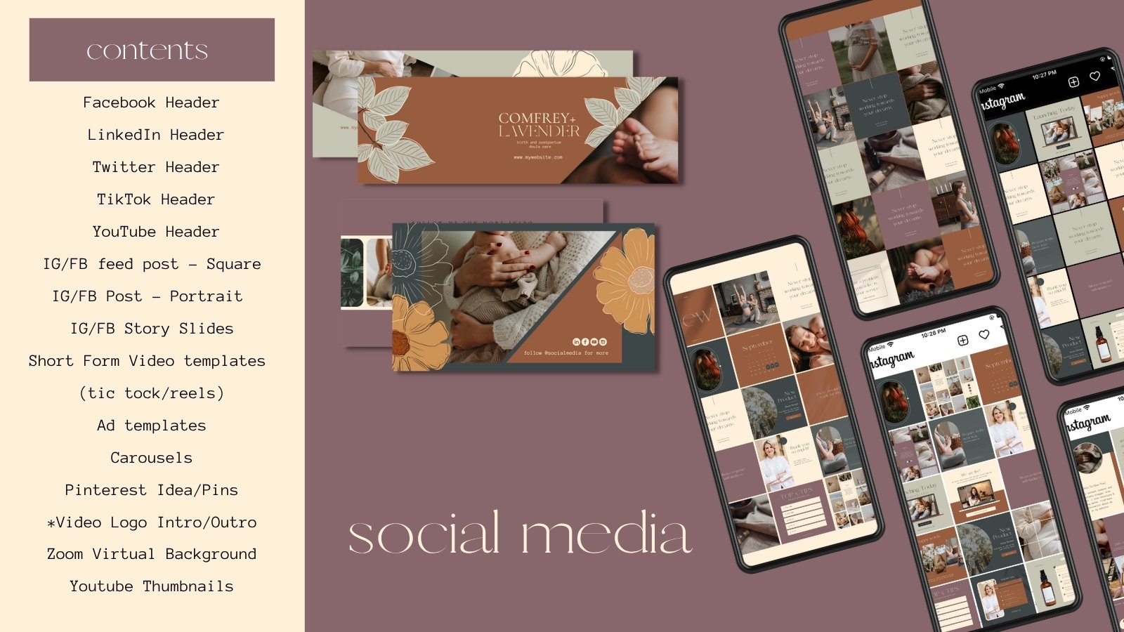 Social media templates on three phones, with headers and a full feed grid beside the list of what is included